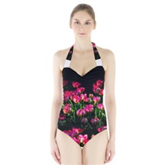 Pink Tulips Dark Background Halter Swimsuit by FunnyCow