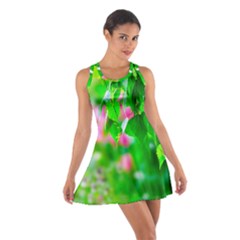 Green Birch Leaves, Pink Flowers Cotton Racerback Dress by FunnyCow