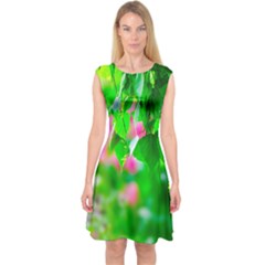 Green Birch Leaves, Pink Flowers Capsleeve Midi Dress by FunnyCow