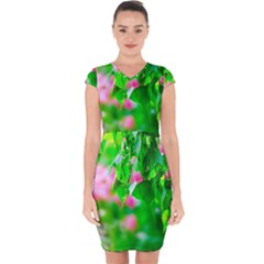 Green Birch Leaves, Pink Flowers Capsleeve Drawstring Dress  by FunnyCow