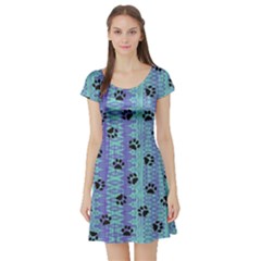 Footprints Cat Black On Batik Pattern Teal Violet Short Sleeve Skater Dress by EDDArt