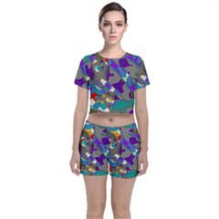 Blue Purple Shapes                                Crop Top And Shorts Co-ord Set by LalyLauraFLM