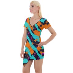 Blue Orange Black Waves                                       Short Sleeve Asymmetric Mini Dress by LalyLauraFLM