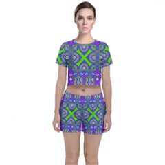 Purple Green Shapes                                  Crop Top And Shorts Co-ord Set by LalyLauraFLM