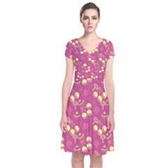 Yellow Pink Cherries Short Sleeve Front Wrap Dress by snowwhitegirl