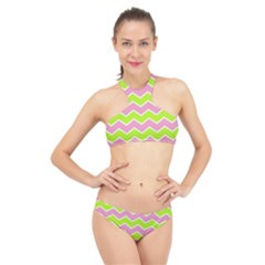 Zigzag Chevron Pattern Green Pink High Neck Bikini Set by snowwhitegirl