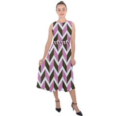 Zigzag Chevron Pattern Pink Brown Midi Tie-back Chiffon Dress by snowwhitegirl