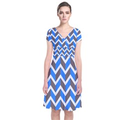 Zigzag Chevron Pattern Blue Grey Short Sleeve Front Wrap Dress by snowwhitegirl