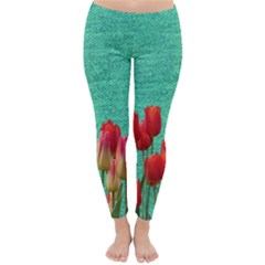 Green Denim Flowers Classic Winter Leggings by snowwhitegirl