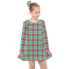 Pink Green Plaid Kids  Long Sleeve Dress by snowwhitegirl