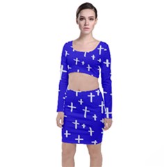 Blue White Cross Long Sleeve Crop Top & Bodycon Skirt Set by snowwhitegirl