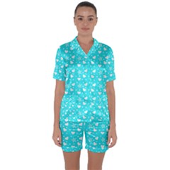 Hearts And Star Dot Blue Satin Short Sleeve Pyjamas Set by snowwhitegirl