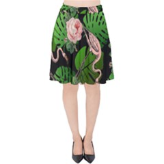 Flamingo Floral Black Velvet High Waist Skirt by snowwhitegirl