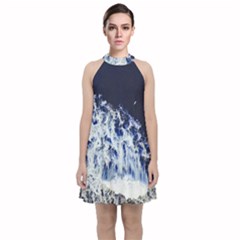 Blue Waves Sea Velvet Halter Neckline Dress  by snowwhitegirl