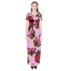 Lazy Cat Floral Pattern Pink Short Sleeve Maxi Dress by snowwhitegirl