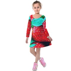 Red Strawberries Kids  Long Sleeve Velvet Dress by FunnyCow