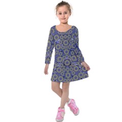 Blue Small Wonderful Floral In Mandalas Kids  Long Sleeve Velvet Dress by pepitasart