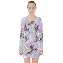 Cute Little Pegasus In The Sky, Cartoon V-neck Bodycon Long Sleeve Dress by FantasyWorld7