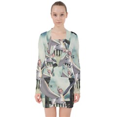 Cute Little Pegasus In The Sky, Cartoon V-neck Bodycon Long Sleeve Dress by FantasyWorld7