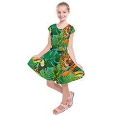 Tropical Pelican Tiger Jungle Blue Kids  Short Sleeve Dress by snowwhitegirl