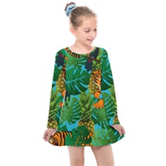 Tropical Pelican Tiger Jungle Blue Kids  Long Sleeve Dress by snowwhitegirl