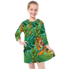 Tropical Pelican Tiger Jungle Blue Kids  Quarter Sleeve Shirt Dress by snowwhitegirl