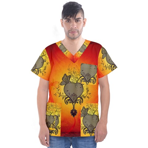 Wonderful Heart With Butterflies And Floral Elements Men s V-neck Scrub Top by FantasyWorld7