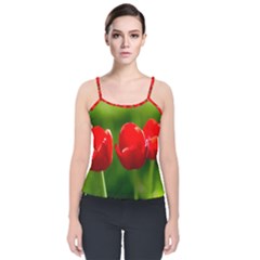 Three Red Tulips, Green Background Velvet Spaghetti Strap Top by FunnyCow