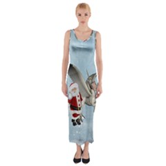 Santa Claus With Cute Pegasus In A Winter Landscape Fitted Maxi Dress by FantasyWorld7