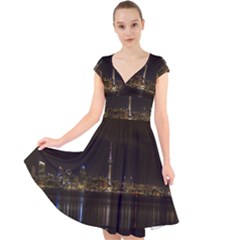 City River Water Cityscape Skyline Cap Sleeve Front Wrap Midi Dress