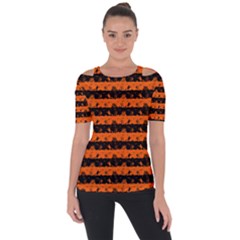 Orange And Black Spooky Halloween Nightmare Stripes Shoulder Cut Out Short Sleeve Top by PodArtist