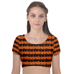 Orange And Black Spooky Halloween Nightmare Stripes Velvet Short Sleeve Crop Top  by PodArtist