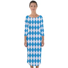 Oktoberfest Bavarian Blue And White Large Diagonal Diamond Pattern Quarter Sleeve Midi Bodycon Dress by PodArtist