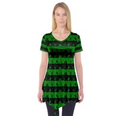 Alien Green And Black Halloween Nightmare Stripes  Short Sleeve Tunic  by PodArtist