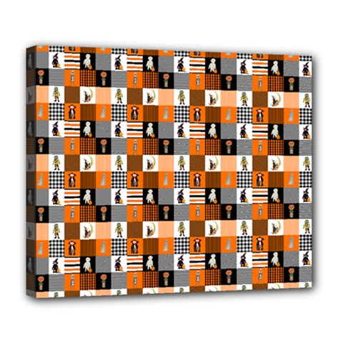 Witches, Monsters And Ghosts Halloween Orange And Black Patchwork Quilt Squares Deluxe Canvas 24  X 20  (stretched) by PodArtist