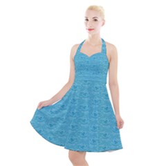 Retro Blue Pattern Halter Party Swing Dress 