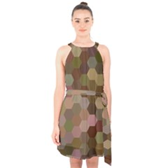 Brown Background Layout Polygon Halter Collar Waist Tie Chiffon Dress by Sapixe