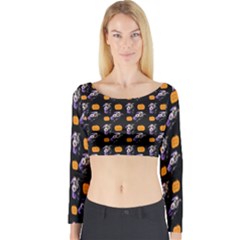 Halloween Skeleton Pumpkin Pattern Black Long Sleeve Crop Top by snowwhitegirl