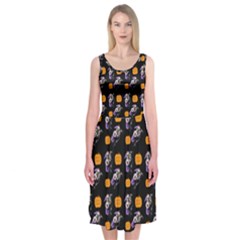 Halloween Skeleton Pumpkin Pattern Black Midi Sleeveless Dress by snowwhitegirl