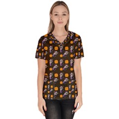 Halloween Skeleton Pumpkin Pattern Brown Women s V-neck Scrub Top by snowwhitegirl