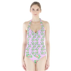 Green Alien Monster Pattern Pink Halter Swimsuit by snowwhitegirl