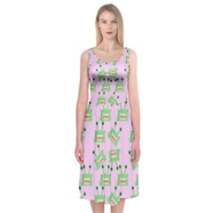 Green Alien Monster Pattern Pink Midi Sleeveless Dress by snowwhitegirl