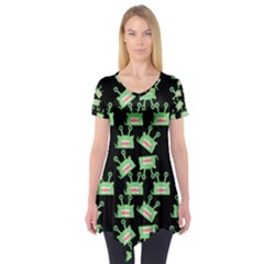 Green Alien Monster Pattern Black Short Sleeve Tunic  by snowwhitegirl