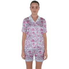 Pink Roses Pattern Satin Short Sleeve Pyjamas Set by JadehawksAnD