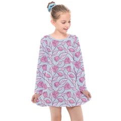 Pink Roses Pattern Kids  Long Sleeve Dress by JadehawksAnD