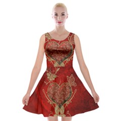 Wonderful Decorative Heart In Gold And Red Velvet Skater Dress by FantasyWorld7