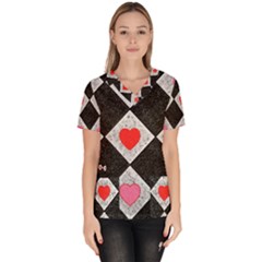 Diamonds Hearts Mosaic Pattern Women s V-neck Scrub Top by Simbadda