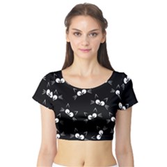 Cute Black Cat Pattern Short Sleeve Crop Top by Valentinaart