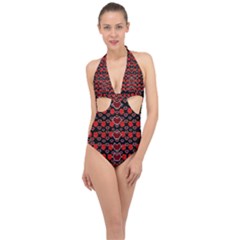 Red Lips And Roses Just For Love Halter Front Plunge Swimsuit by pepitasart