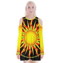 Mandala Sun Graphic Design Velvet Long Sleeve Shoulder Cutout Dress by Simbadda